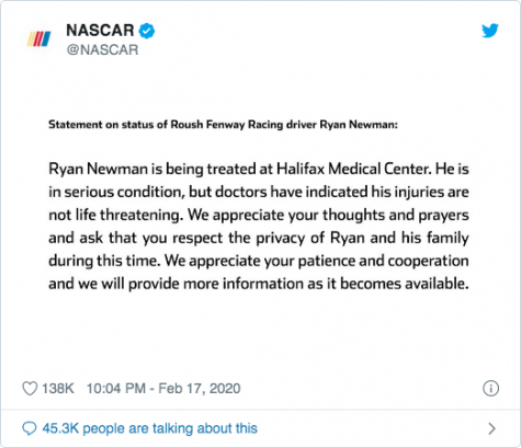 NASCAR tweeting the condition of Ryan Newman hours after the crash.