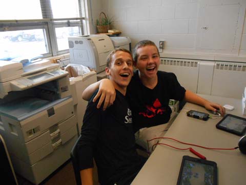 Sophomores Nicco Libertini and Ryan Loveless serve as approved aides in the Main Office during first period.