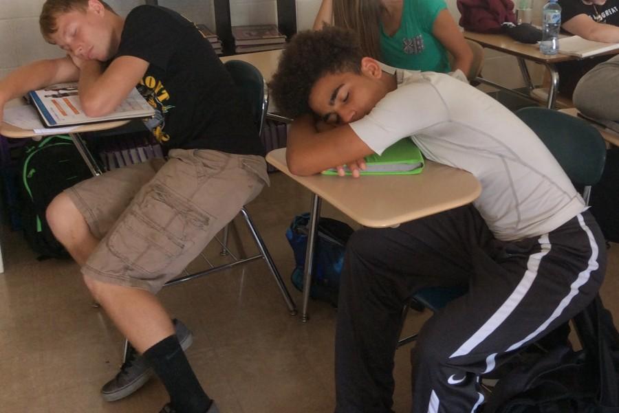 Early start times take their toll on freshmen Cole Bridges and Drake Hickman in Ms. Sarah Gossers Spanish class.