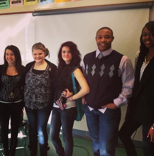 Senior D.J. Hudson as a freshman with Journalism I classmates four years ago. Second from left is senior Rylie Richard and far right is senior Jaylin Paschal, both of which spent four years in Journalism alongside Hudson.