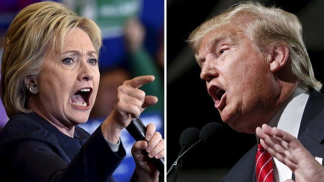 The 2016 presidential candidates, Hillary Clinton and Donald Trump, argue against one another.