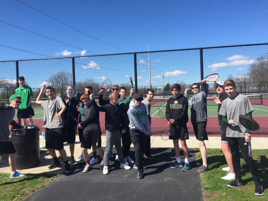 The boys tennis team try out their pots and pans after the prank. (photo courtesy of Michelle Hibbard). 