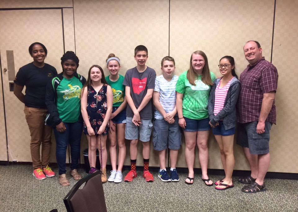The 2016-2017 Middle School Academic Challenge Team competes at Nationals in Dallas, Texas. Pictured from left to right: High School Assistant Coach Emily Bingham, current freshmen Amara Nwanoro, Allie Stormer, Rachel Peffley, Sean Scranton, Zach Weeks, Samantha Street, Coach Kara Combs, and High School Coach David Jones.