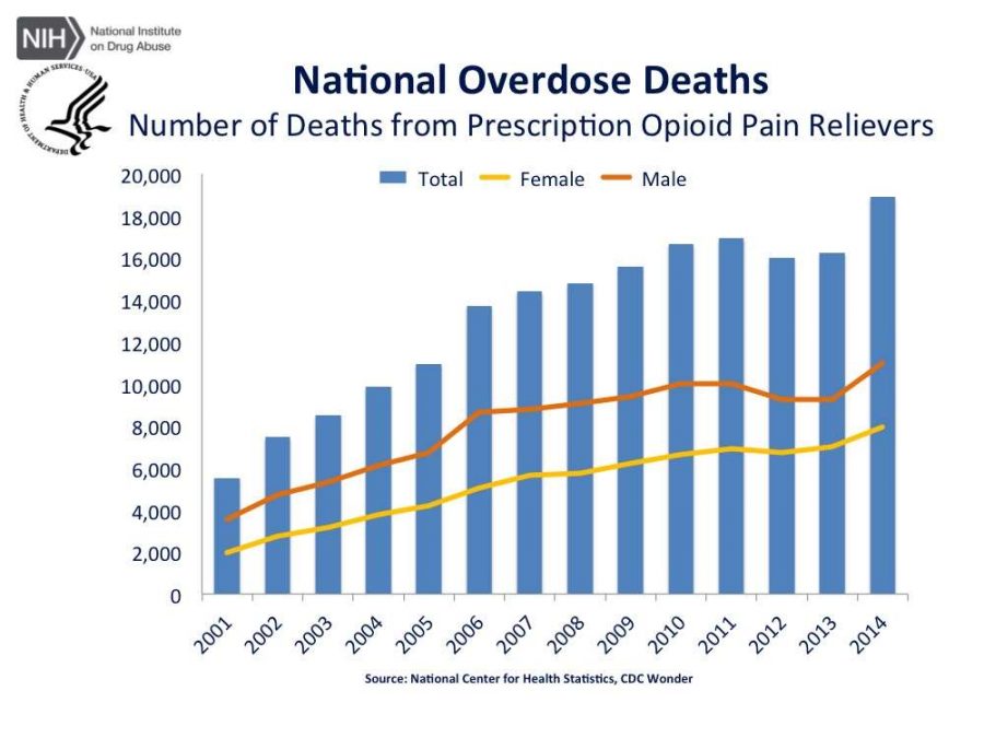 The number of opioid overdoses is steadily increasing (courtesy of the National Institute on Drug Abuse).