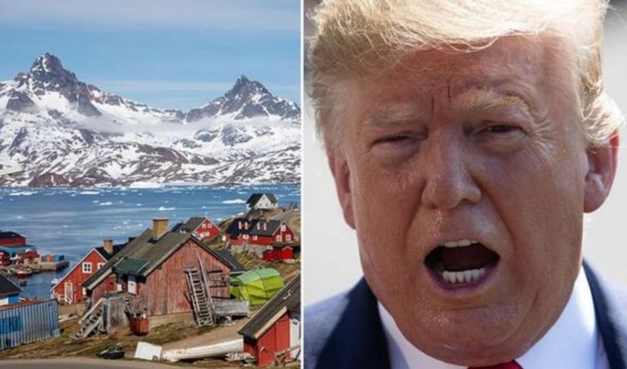 Trump next to picture of Greenland. Image credit: express.co.uk