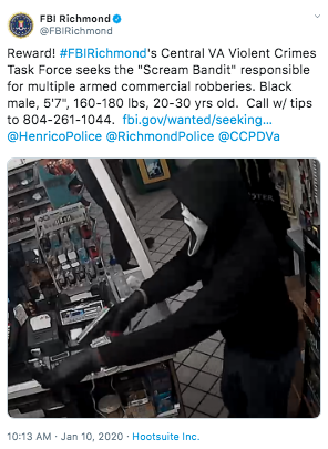 This is a tweet from Richmond's FBI team about the Scream Bandit.