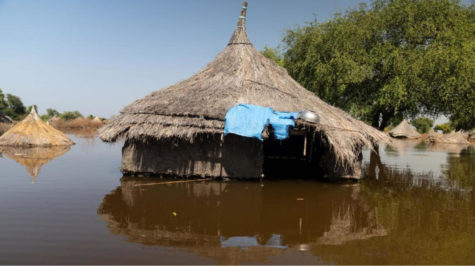 A hut that is fully flooded in the town of Bentiu, South Sudan