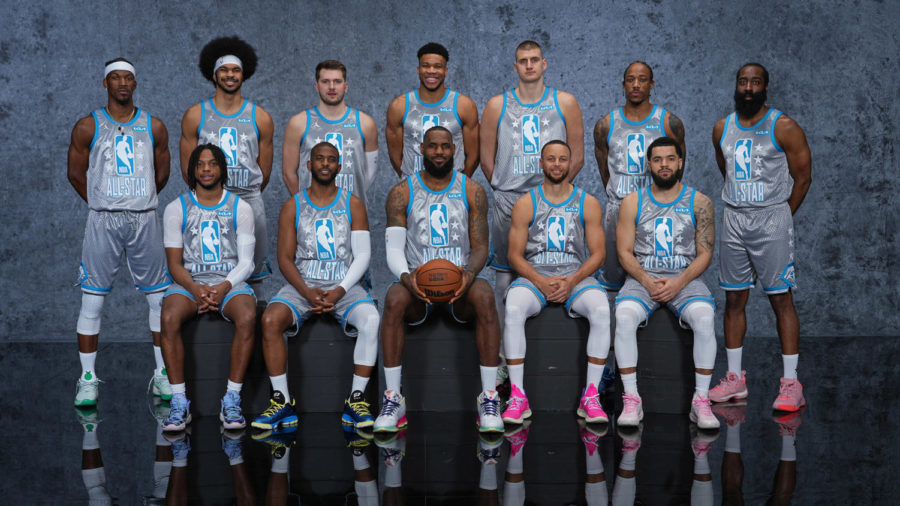 CLEVELAND, OH - FEBRUARY 20: Team LeBron poses for a team photo before the 2022 NBA All-Star Game as part of 2022 NBA All Star Weekend on February 20, 2022 at Rocket Mortgage FieldHouse in Cleveland, Ohio. NOTE TO USER: User expressly acknowledges and agrees that, by downloading and/or using this Photograph, user is consenting to the terms and conditions of the Getty Images License Agreement. Mandatory Copyright Notice: Copyright 2022 NBAE (Photo by Jesse D. Garrabrant/NBAE via Getty Images)