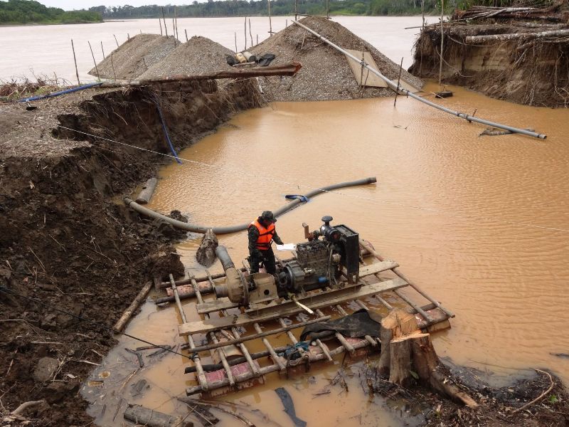 Gold mining in the Amazon Peru rainforest 
Credit to https://perureports.com/look-life-gold-miners-perus-amazon/4948/https://perureports.com/look-life-gold-miners-perus-amazon/4948/