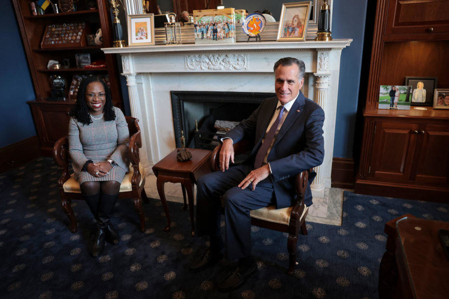 WASHINGTON, DC - MARCH 29: U.S. Sen. Mitt Romney (R-UT) (R) meets with U.S. Supreme Court nominee Ketanji Brown Jackson (L) on Capitol Hill in Washington, DC. Supreme Court nominee Ketanji Brown Jackson continued to meet with Senate members on Capitol Hill ahead of her confirmation vote. 
Credit: Win McNamee/Getty Images