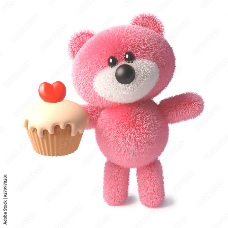 adobe stock photos. Funny soft pink fluffy teddy bear character eating a delicious cupcake with a red heart jelly, 3d illustration