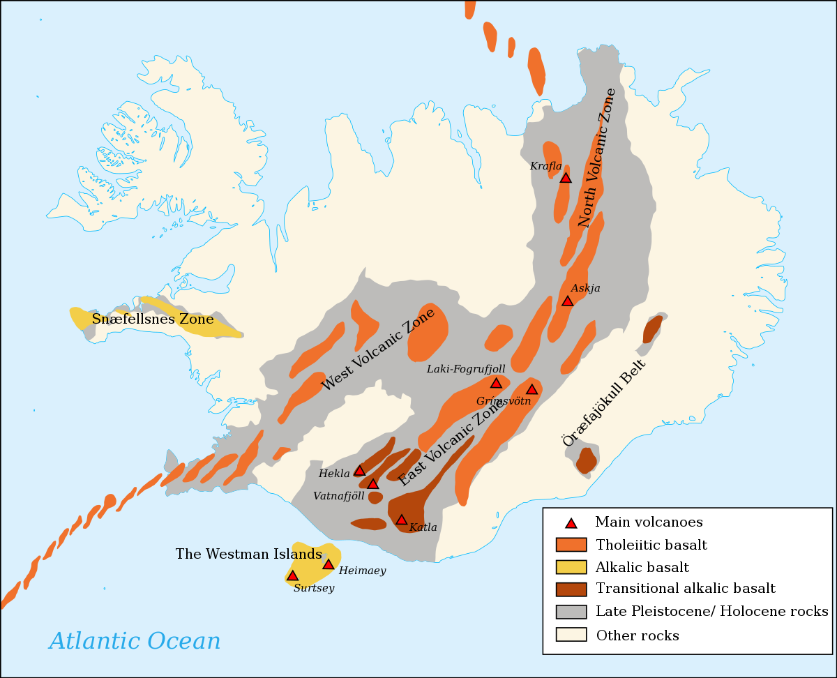 Map of the volcanoes in Iceland
