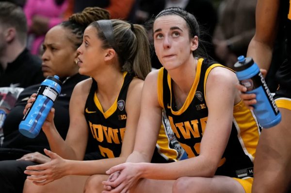 Iowa guards Gabbie Marshall (left) and Caitlin Clark (right) pictured at the end of the game against South Carolina.