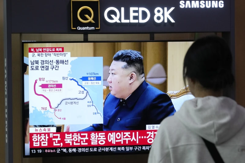 TV screen reporting that North Korea has blown up parts of northern side of inter-Korean roads during a news program.  ( AP Photo / Ahn Young-joon , Oct 15 )