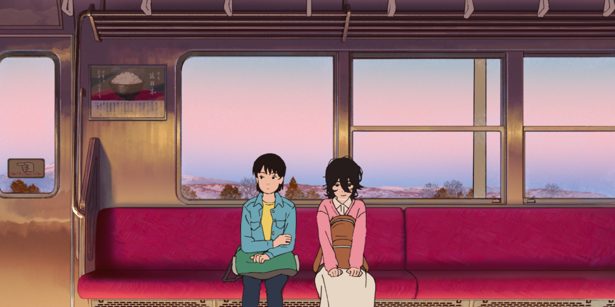 A still of Kyomoto and Fujino on a train from the animated movie “Look Back” by Studio Durian