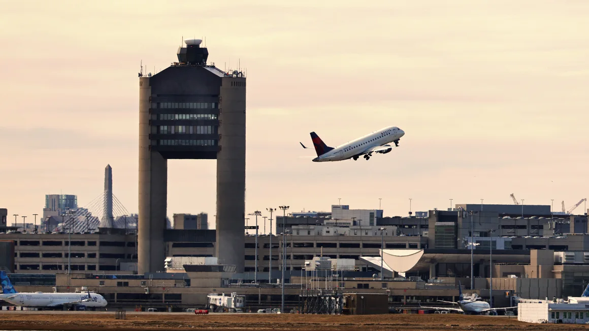 A Delta airplane takes off from Boston Logan International Airport. (  March 8, 2023 | Pat Greenhouse / The Boston Globe | GETTY IMAGES ).