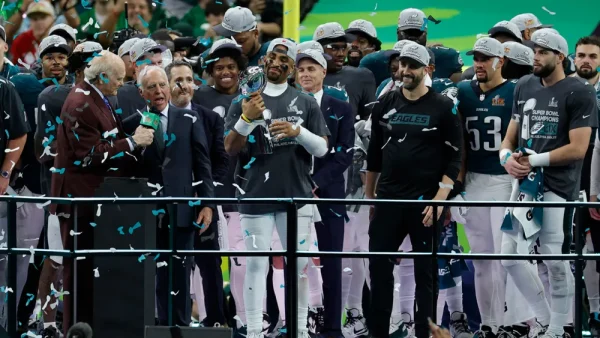 The Philadelphia Eagles hoist the Lombardi Trophy after defeating the Kansas City Chiefs!