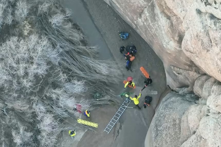 Drone footage shows a man being freed from quicksand in Arches National Park in eastern Utah on Sunday ( Grand County Search and Rescue, AP / Dec. 11, 25 ).