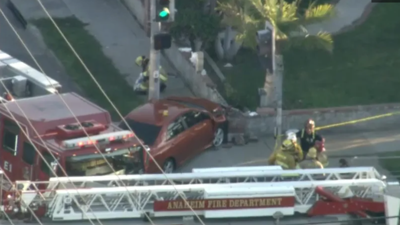 A car crashed into the corner wall of a home in anaheim on Wednesday, December 10, 2025.
