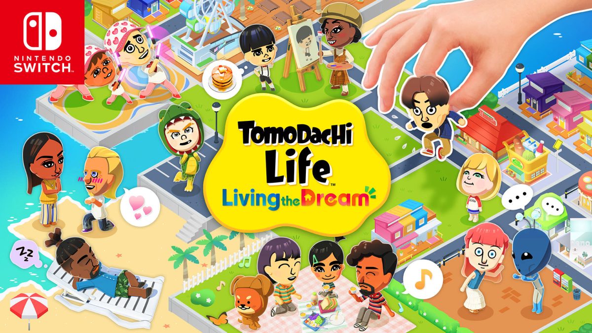 A teaser image for the game, Tomodatchi Life : Living the Dream, also being the cover art for the box version of the game ( Nintendo / Tomodatchi Life / Mar, 25, 26 ).